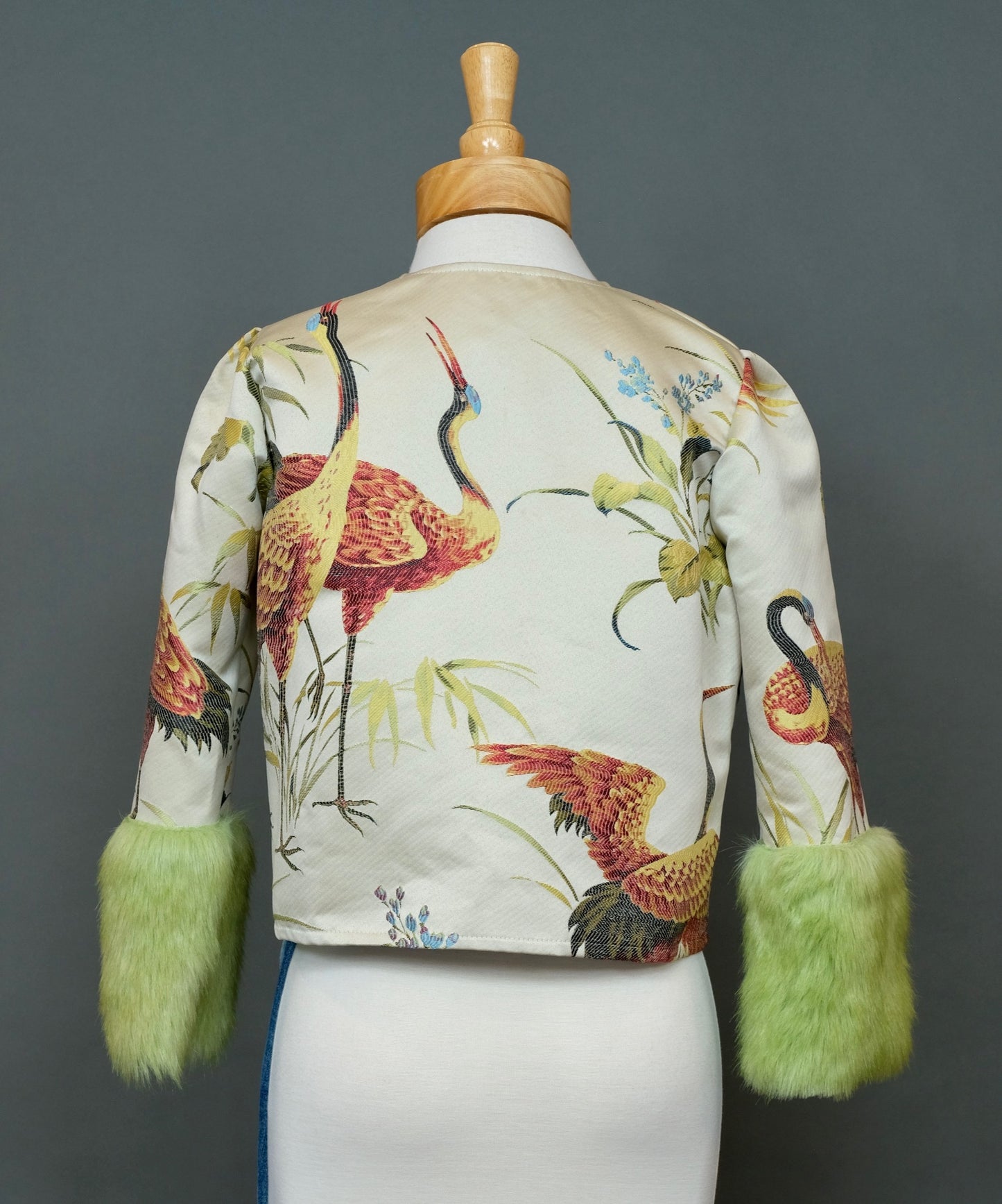 Bamboo Crane Faux Fur Cuff Jacket by Jennafer Grace
