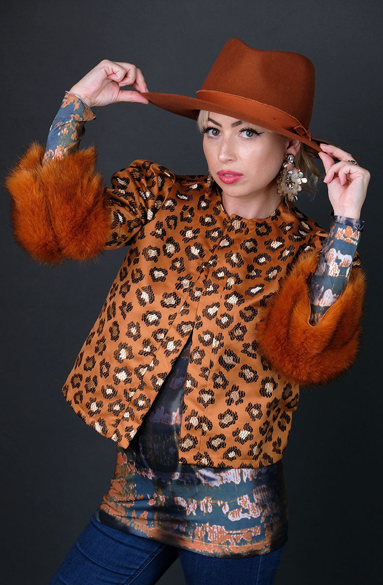 Leopard Sunset Faux Fur Cuff Jacket by Jennafer Grace