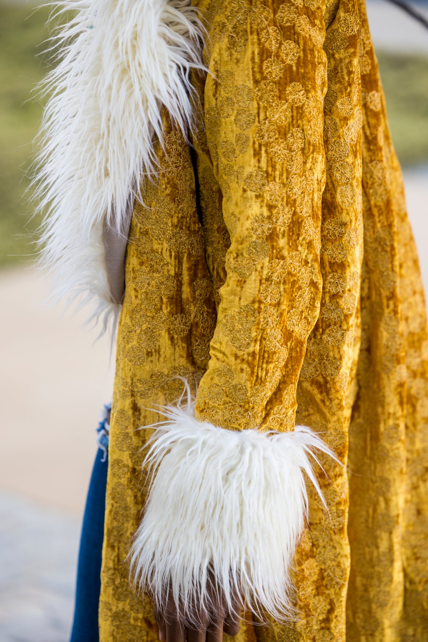 Penny Sunshine Embroidered Silk Velvet Faux Fur Coat by Jennafer Grace